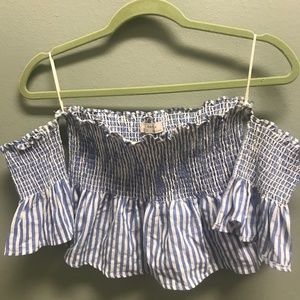 Bear Dance Blue and White Striped Off the Shoulder Crop Top